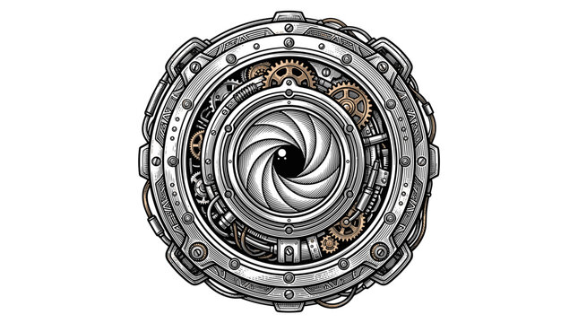 Steampunk Camera Lens Aperture with Gears and Intricate Mechanical Details