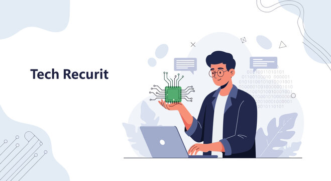 Tech Recruitment and Innovation: Man Holding CPU Chip, Working on Laptop with Binary Code Background