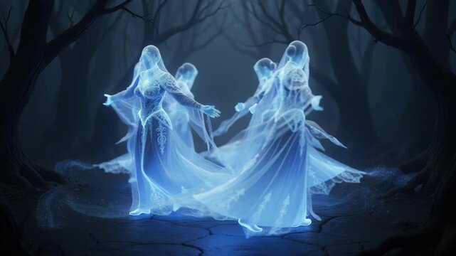 Ethereal Spirits in the Gloomy Forest: Ethereal, translucent figures resembling spirits dance in a circle within a dark, haunting forest, illuminated by their own eerie blue glow.