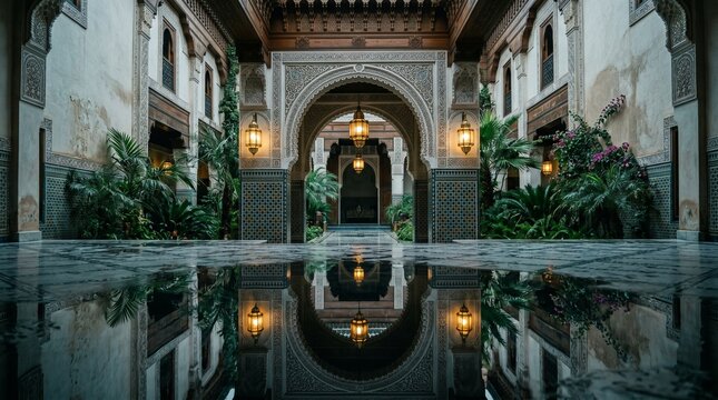Traditional moroccan riad courtyard with architectural arches and water reflection courtyard architecture reflection fountain traditional interior lighting marrakech moroccan atmospheric