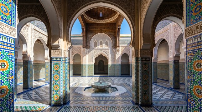 Traditional islamic architecture with intricate zellige tilework and central courtyard fountain architecture courtyard fountain moroccan geometry ornament traditional interior building