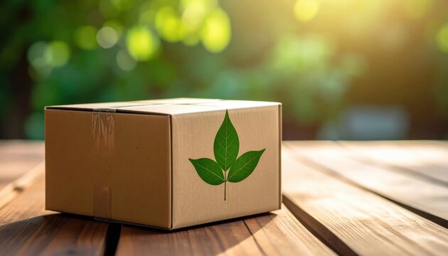 cardboard delivery box with green leaf symbol on wooden table, representing sustainable packaging, eco friendly shipping, circular economy, waste reduction