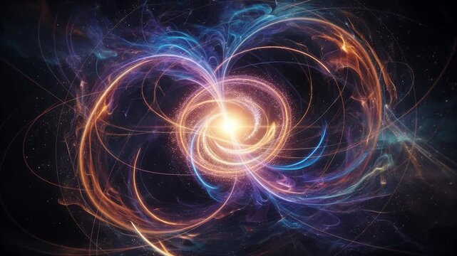 Luminous swirling cosmic energy evolving into a vibrant spiral galaxy with a bright core against a dark nebula background