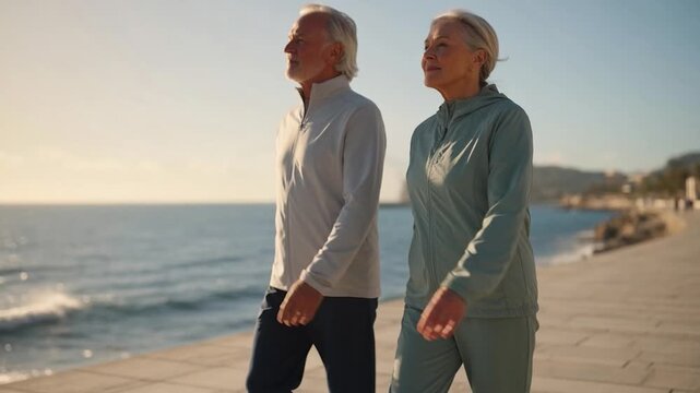 Senior couple strolling the seafront in sportswear, enjoying an active lifestyle and sharing a healthy, loving retirement