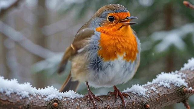 European robin bird perched on a snow-covered tree branch in winter forest