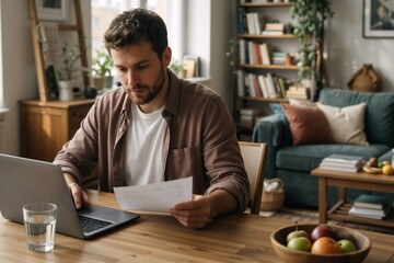 Fototapeta premium Man working from home office with laptop and paper, embodying remote work lifestyle in a cozy setting.