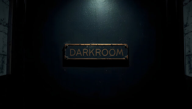 Vintage darkroom sign mounted on a dark door under dramatic spotlighting