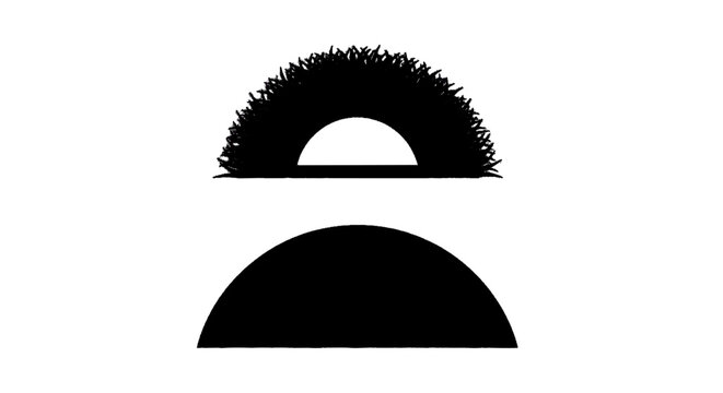 Minimal black silhouette icon, simple flat vector, bold black shape, no gradients, no shading set of two abstract semicircle shapes with textured and solid edges on a, flat icon style