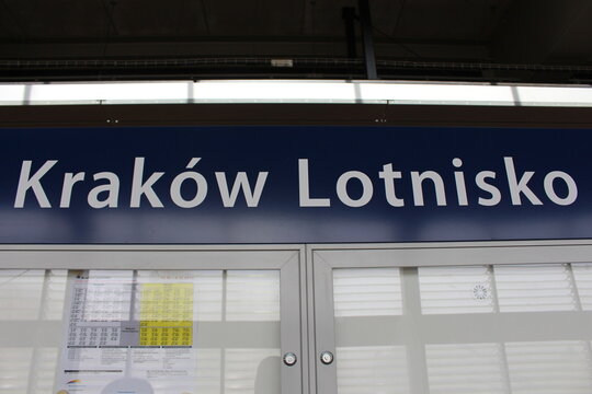 Balice / Krakow / Poland - April 26, 2019: Krak&oacute;w Lotnisko Railway station sign at Krak&oacute;w Airport (John Paul II International Airport Krakow-Balice Ltd.).