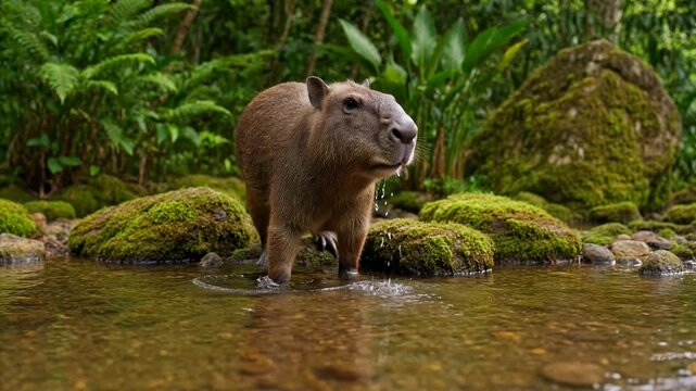Wild capybara drinking fresh water in lush tropical rainforest habitat close up portrait of giant rodent standing in shallow