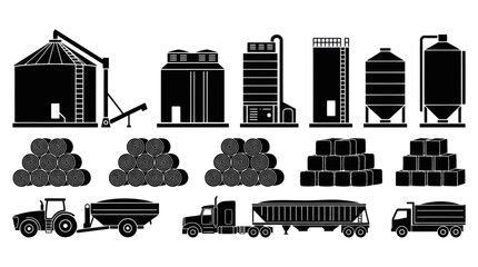 Naklejka premium Agricultural machinery and storage facility icons set