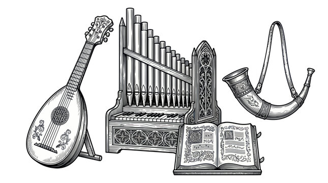 Vintage medieval musical instruments and old manuscript