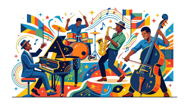 Jazz musicians performing on a colorful vibrant stage