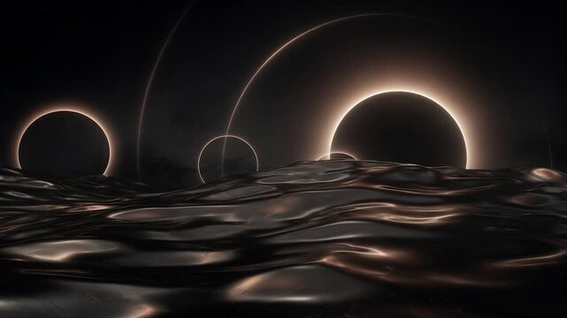 Luminous solar eclipse rings rising above a dark waving liquid surface in a science fiction landscape