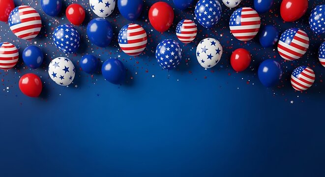 Patriotic balloons and confetti on blue background for 4th of July celebration