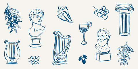 Naklejka premium Ancient Greek statue doodles featuring Mediterranean icons, hand-sketched mythology symbols, columns and greece elements. Ideal for summer vacation designs or cultural artwork projects