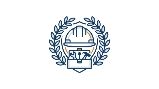 Construction Industry Emblem with Hard Hat and Tool Box