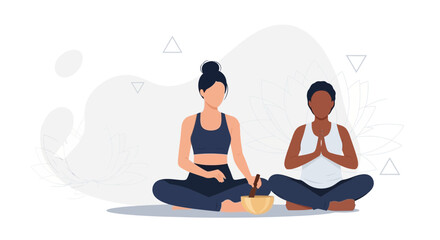 Fototapeta premium Two people meditating in lotus pose, one with a singing bowl, promoting wellness and mindfulness.