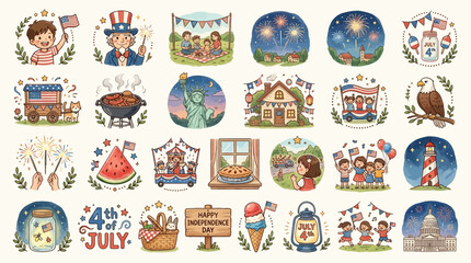 Fototapeta premium Cute Independence Day and 4th of July Celebration Sticker Set with American Symbols and Festive Food Illustrations