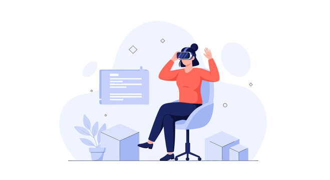 Woman Wearing VR Headset Immersed in Virtual Reality, Technology and Metaverse Concept