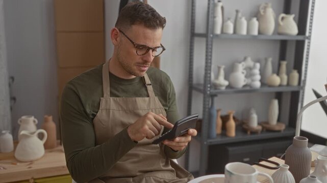 Man in apron taps a calculator with his finger while seated at a workbench surrounded by ceramic vases and pottery in a studio; quiet concentration.
