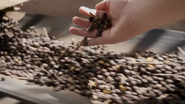 Close-up of a worker's hand inspecting and sorting freshly harvested black olives as they move along a conveyor belt during the production process at an agricultural processing facility