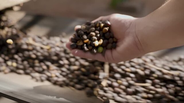 Close-up of a worker's hand holding a handful of dried coffee cherries over a moving conveyor belt during the sorting and production process at a professional coffee plantation facility