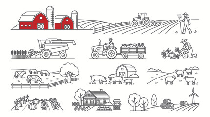 Farming and agricultural life scenes with red barns and machinery © Angsa