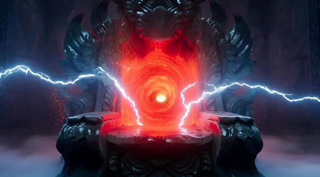 Dark fantasy throne room featuring an ancient stone seat glowing with intense magical energy and swirling red portal vortex
