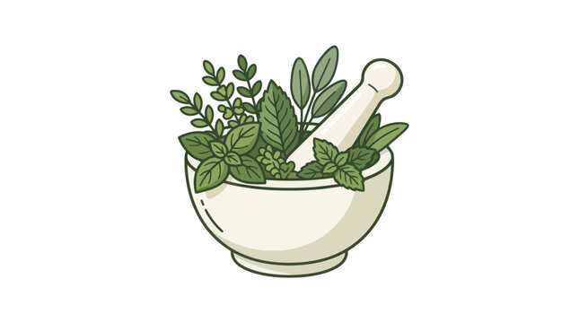 White mortar and pestle with fresh green herbs