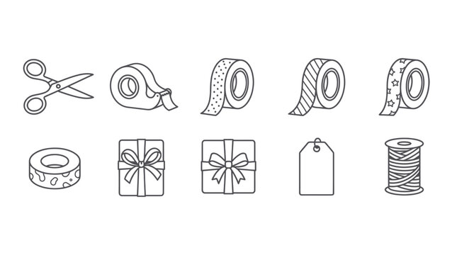 Gift wrapping and packaging linear icon set