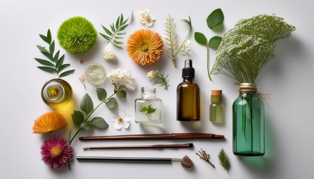 various items including bottles flowers and accessories arranged on a white background for a creative project or design