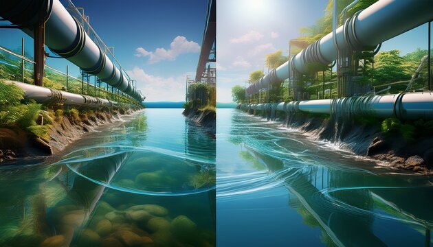 split scene showing dirty sewage water transforming into clean clear water with modern filtration system and pipes