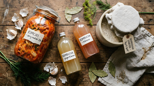 Homemade fermented foods flat lay with kimchi, kombucha bottles, and sourdough starter on a rustic wooden table, healthy probiotic diet and gut health concept