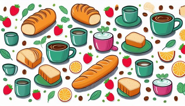 colorful pattern with bread fruit and coffee cups on a white background featuring simple food and drink items