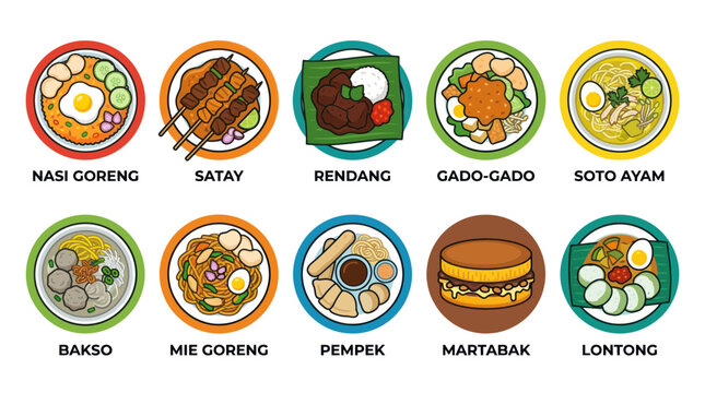Popular Indonesian traditional food dish icon set