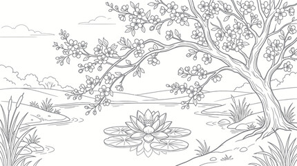 Pond landscape coloring page with lily pad and blossom tree. © Dias