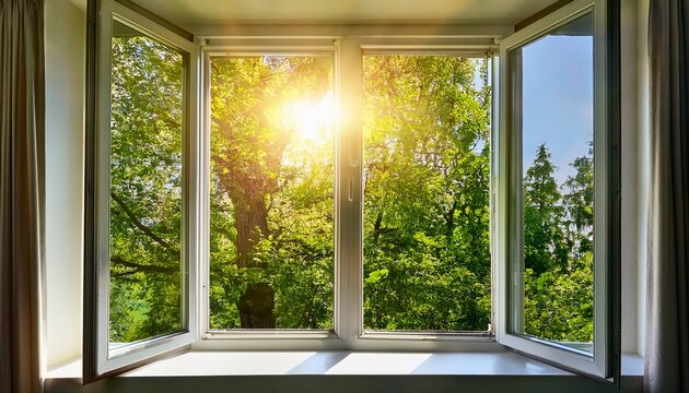 sunlight pours in through an open window showing lush green trees on a bright day