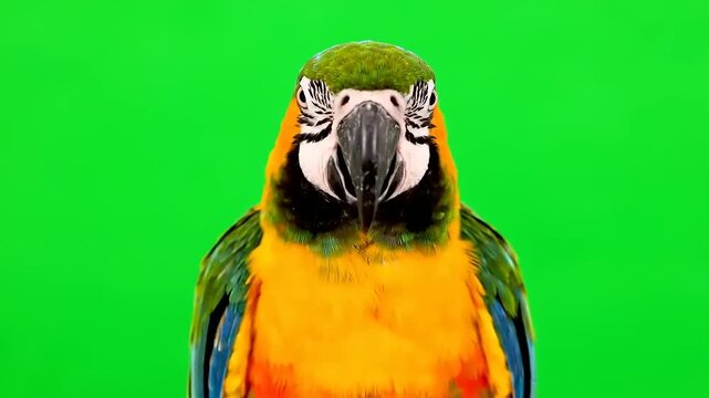 Close-up frontal view of a colorful blue and yellow macaw parrot against a green screen background, perfect for video editing and animal documentaries