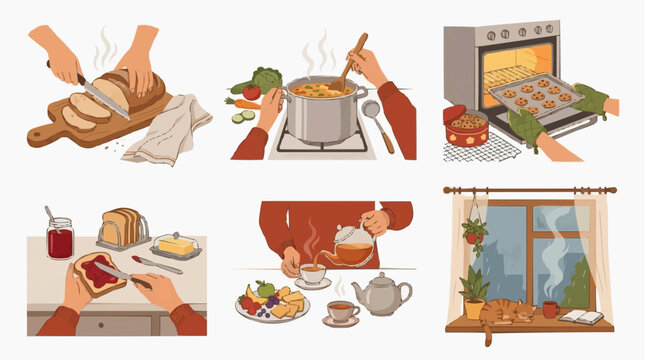 A collection of six illustrations depicting various home cooking and baking scenes, from slicing bread and preparing soup to baking cookies, spreading jam on toast, pouring tea.
