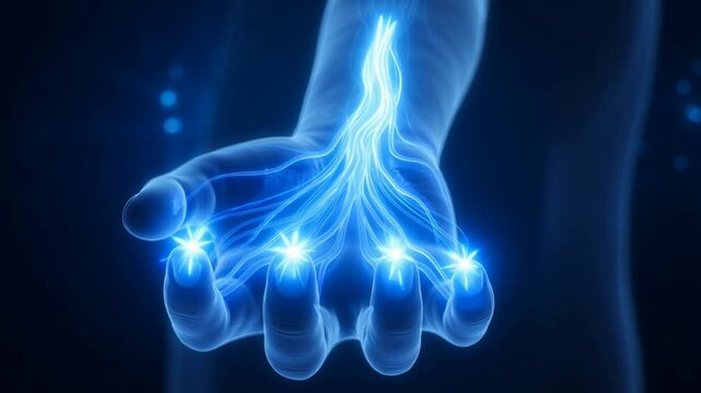 Futuristic human hand digital anatomy concept glowing blue neural network pathways connecting fingertips with radiant light
