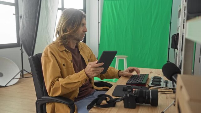 Man photographer holds tablet and types keyboard in studio with green screen and camera gear; focused creativity.