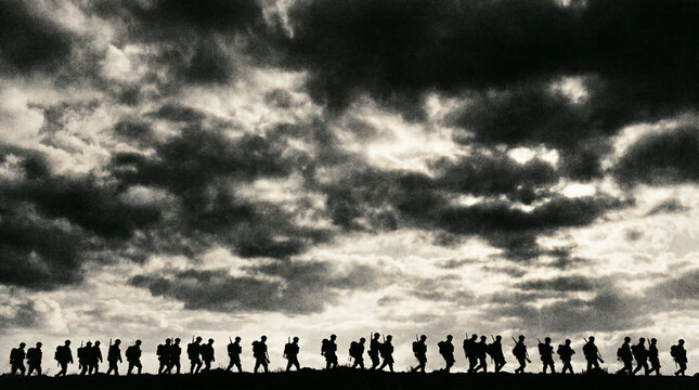 March of Shadows: Silhouetted figures traverse a desolate landscape under a dramatic, brooding sky, evoking a sense of perseverance and shared journey.