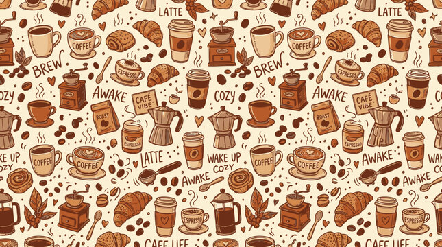 Coffee Cups and Beans Pattern Design.