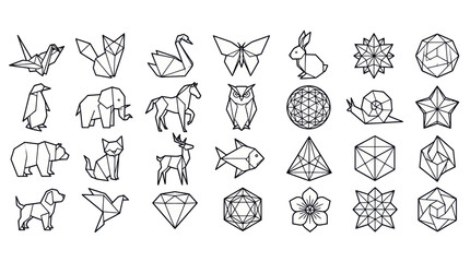 Origami animal and geometric shape icons in black line art © Apar