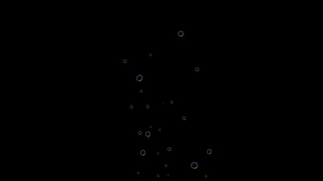 Soap bubbles animation on black screen background. Water bubble raising, suited for subtle underwater effect, slow rising air bubbles, floating in 2d animated cartoon animation, 4k video