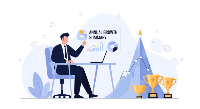 Business Success: Man analyzing annual growth summary with trophies and mountain peak graphic representing achievement and goals.