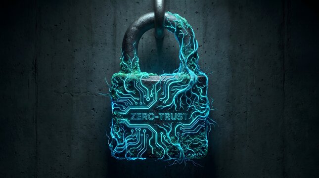 A heavily rusted old iron padlock covered in glowing blue circuits hangs on a dark wooden door