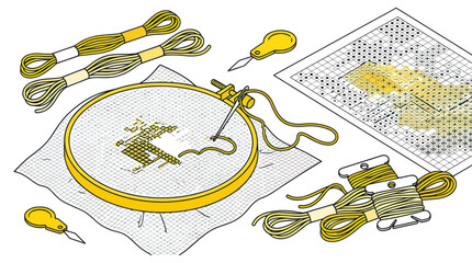 Cross stitch embroidery kit with yellow thread and hoop © Apar