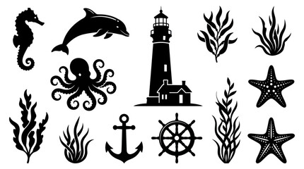 Nautical and marine life silhouettes with lighthouse and sea animals © Apar